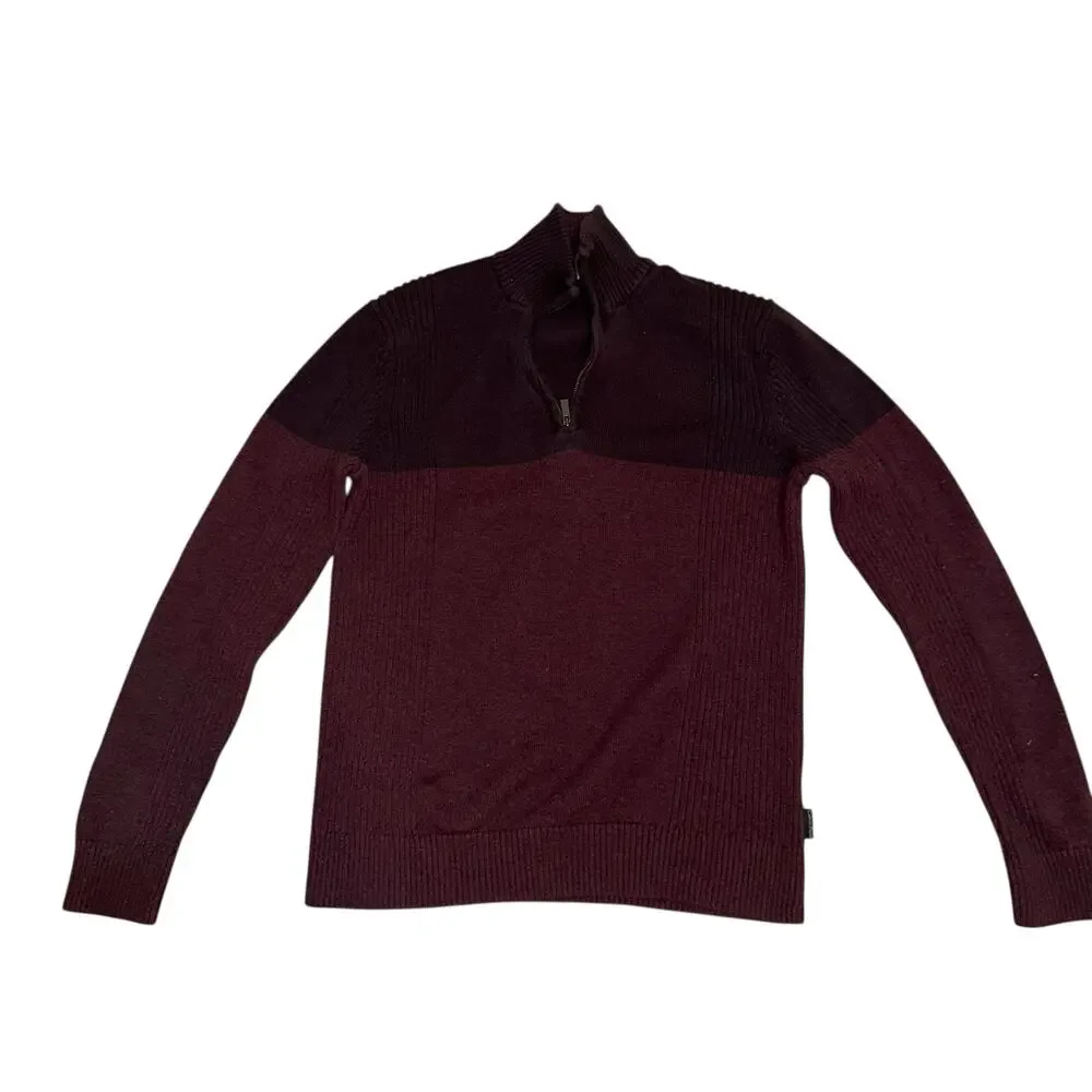 Calvin Klein Mens 1/4 Zip Knit Mock Neck Colorblock Sweater Burgundy Size Small